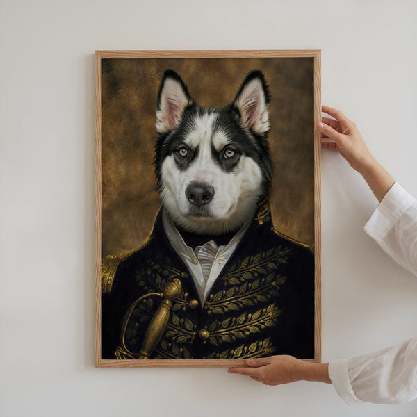 A person hangs The General, a framed portrait of a husky in a gold-embroidered military uniform—a unique, historical-style artwork and perfect gift for pet lovers, adding character to any space.