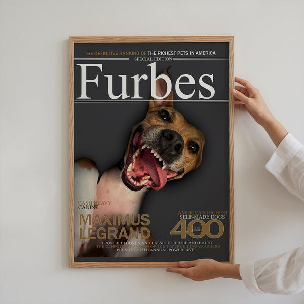 A person hangs a Custom Pet Magazine Cover titled Furbes, featuring a happy dog named Maximus Legrand—one of America’s richest self-made dogs—creating the perfect personalized dog canvas for any home.