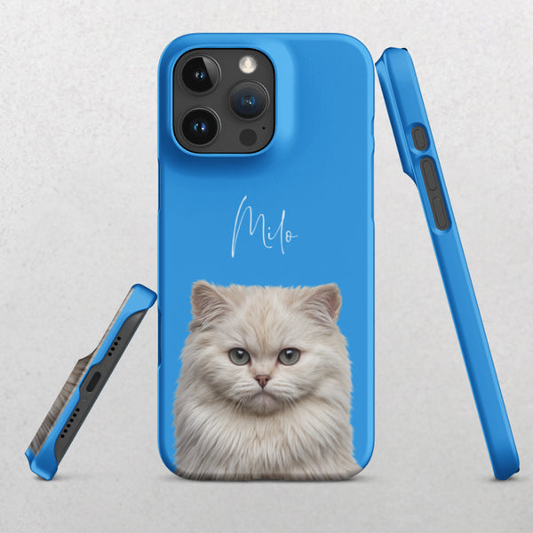 The Custom Pet iPhone Case – Modern Vector Art in Sky Blue features a realistic illustration of a fluffy white cat with Milo in cursive above it, shown from three angles against a light background—ideal for pet lovers.