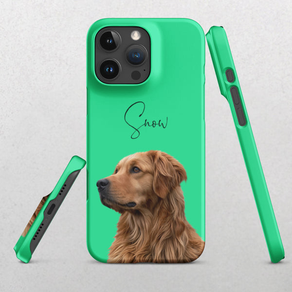 A mint Custom Pet iPhone Case – Modern Vector Art, personalized with a golden retriever illustration and Snow in script above the dogs head. Ideal gift for pet lovers; shown from back, side, and bottom angles.