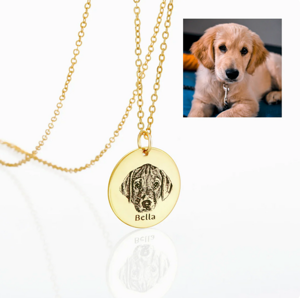 The Dog Portrait Necklace - Coin Necklace features an engraved dog’s face and name, with a photo option to personalize. This unique pet photo necklace is a special accessory for pet lovers, capturing your furry friend forever.