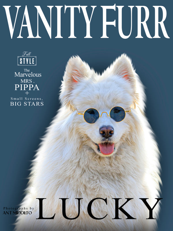 A fluffy white dog in round sunglasses poses on a blue background for a VANITY FURR magazine cover. Custom Pet Magazine Covers make trendy, personalized canvases or unique pet lover gifts for stylish owners and their furry friends.