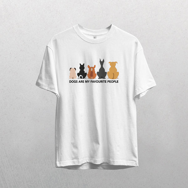 The Dogs are my Favorite People T-shirt in white features colorful silhouettes of five dog breeds and the text DOGS ARE MY FAVOURITE PEOPLE—a unique keepsake and perfect gift for any pet lover.
