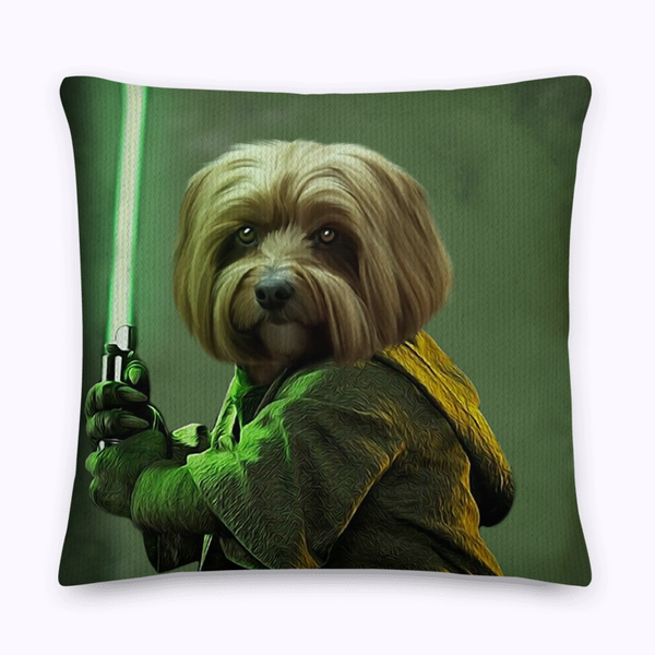 The Custom Star Wars Pet Cushion features a dog as a Jedi with a green lightsaber and robe on a green background—an ideal cozy keepsake or unique gift for pet lovers.