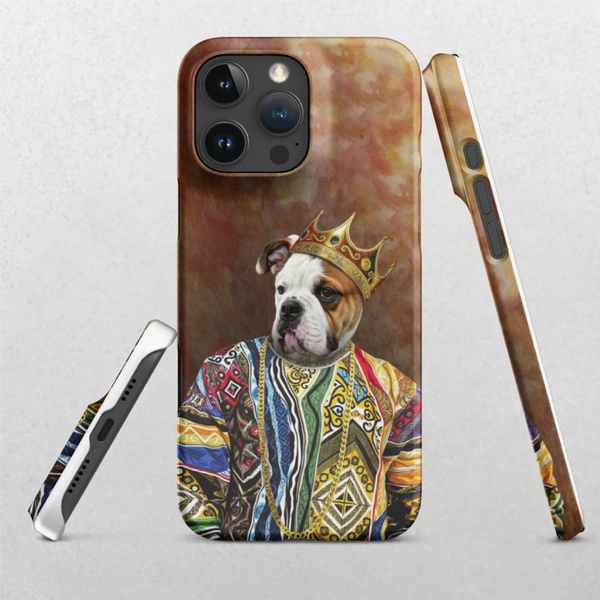 Showcase your love for pets with the Custom Pet iPhone Case – Notorious D.O.G., featuring a regal bulldog in a vibrant sweater and crown on a warm, textured background. Displayed from three angles, it’s the perfect gift for pet lovers!.