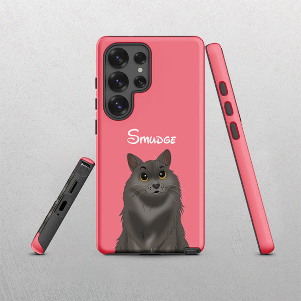 The Custom Pet Samsung Case – Disney in pink features a fluffy black cat with yellow eyes and “Smudge” in white text. Displayed from several angles on a light gray background, it adds a touch of charm to your daily essentials.