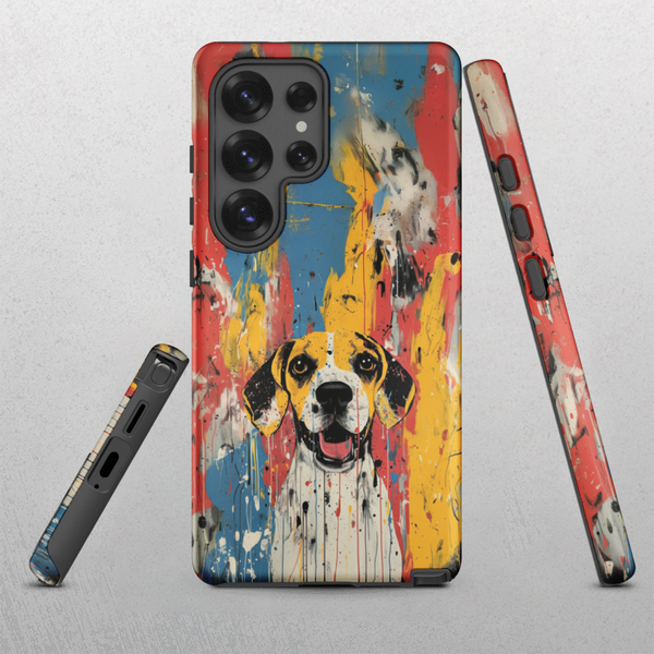 The Custom Pet Samsung Case – Abstract Design features a brightly colored, abstract dog with expressive eyes and an open mouth, set against vibrant splashes of red, yellow, blue, and white.