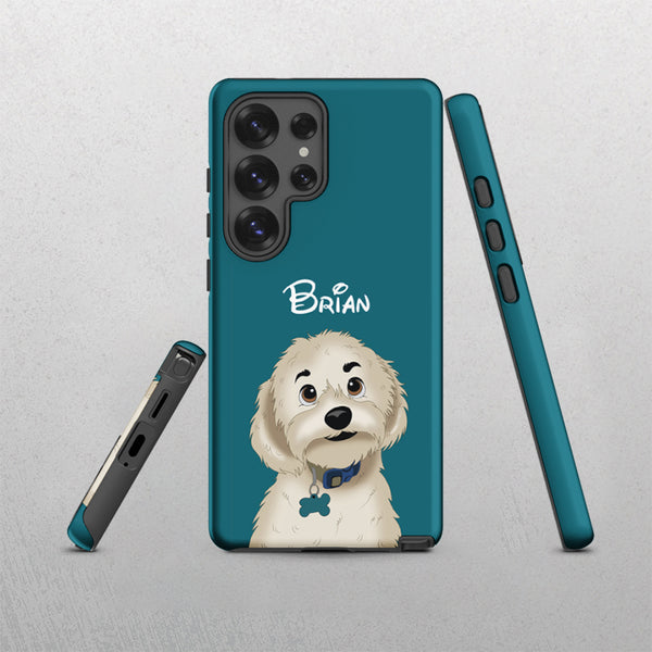 A Pacific Custom Pet Samsung Case – Disney featuring an illustrated fluffy white dog with a blue collar and tag, sitting below the name Brian in playful white text. The stylish case is shown from various angles.