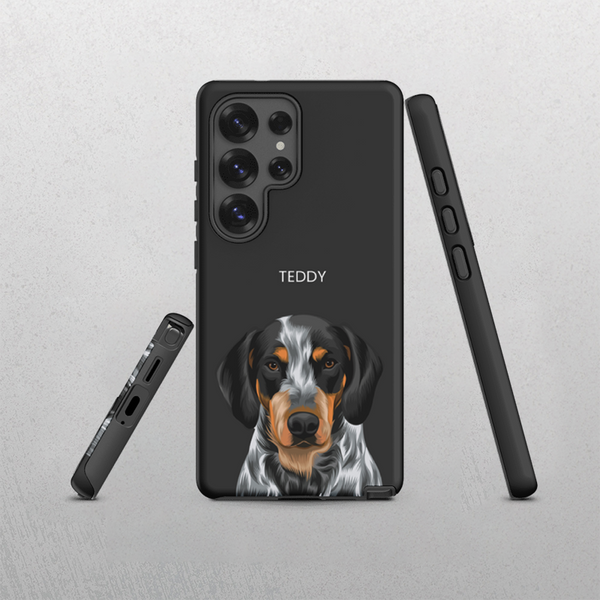 The Custom Pet Samsung Case – Moder Pet Vector features a realistic black, brown, and white dog illustration with “TEDDY” above. This pet lover gift comes in Charcoal Heather and is shown from various angles on a light gray background.