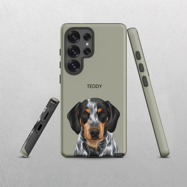 The Custom Pet Samsung Case – Moder Pet Vector in Sage features a realistic black, white, and brown dog illustration with TEDDY above it; shown from multiple angles—an ideal pet lover gift and unique keepsake.