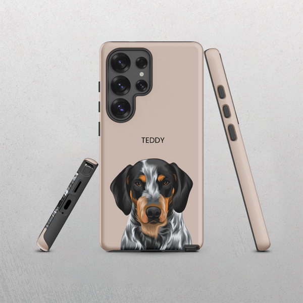 A dusty pink Custom Pet Samsung Case – Moder Pet Vector features a realistic black, brown, and white dog with the name TEDDY above. The case is shown in front, side, and bottom views against a light background for this unique pet keepsake.