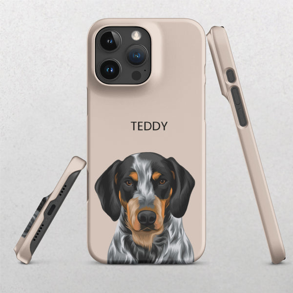 A dusty pink Custom Pet iPhone Case – Modern Vector Art featuring an illustrated black and brown dog with white spots, floppy ears, and TEDDY above its head. Shown from back, side, and bottom angles—perfect for pet lovers.