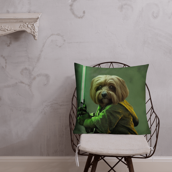 The Custom Star Wars Pet Cushion features a small dog dressed as a Jedi with a green lightsaber on a green background, adding playful charm to any minimalist room—an ideal gift for pet lovers.