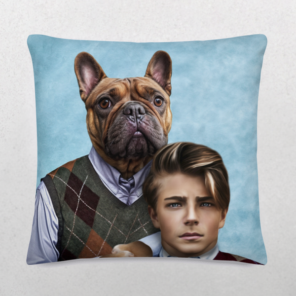 The Custom Step Brothers Pet Cushion displays your dog as a portrait beside a serious boy on a light blue background—an ideal, unique pet memorial gift for any dog lover.