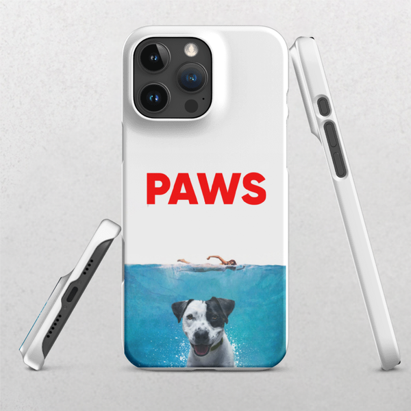 Showcase your love for your furry friend with the Custom Pet iPhone Case – Paws Movie, featuring PAWS in bold red above a swimming dog, inspired by the Jaws poster. Displayed from back and sides, this unique case makes a perfect pet keepsake.