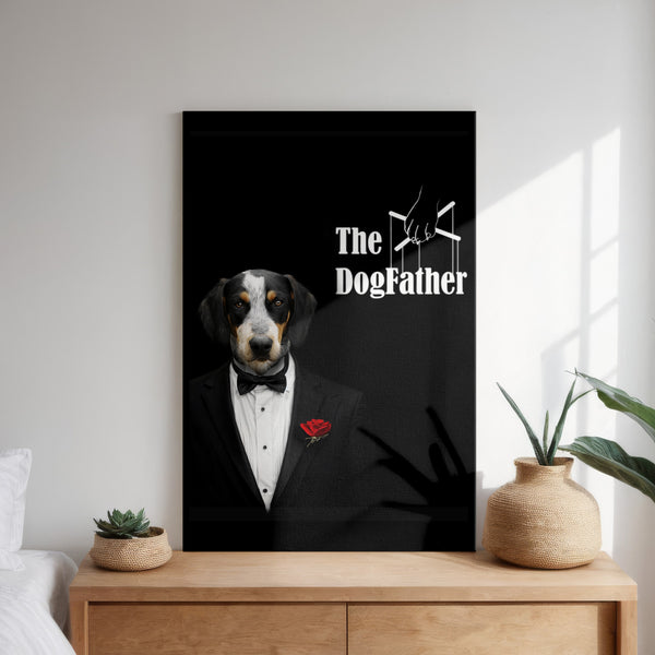 A framed The Dogfather Pet Portrait hangs above a white bed, showing a playful dog in a tuxedo with a red rose, styled like a movie poster. Potted plants sit on a nearby wooden table.