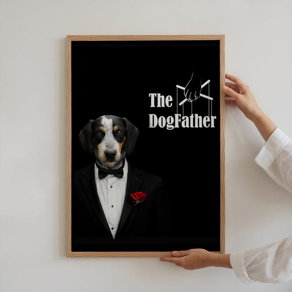 A person hangs The Dogfather Pet Portrait—a framed poster with a dog in a tuxedo and red rose, styled like The Godfather logo. Ideal as a pet lover gift or custom canvas for fans of personalized dog portraits.