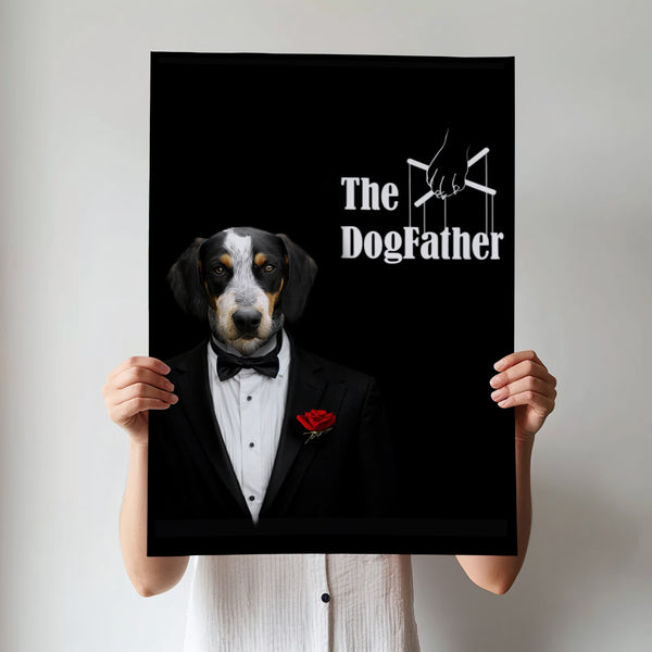 A person holds The Dogfather Pet Portrait, a personalized canvas showing a dog in a tuxedo with a red rose and The DogFather text with puppet strings—unique pet artwork and the perfect gift for any pet lover.