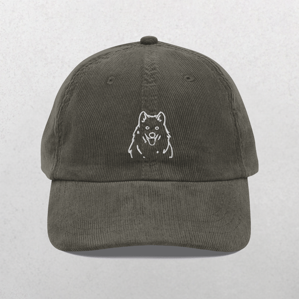 The Custom Pet Line Art Portrait Corduroy Cap – Embroidered Pet Hat in grey features a simple white embroidered outline of a fluffy dog, making it a unique pet keepsake.