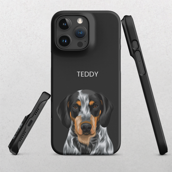 A charcoal heather Custom Pet iPhone Case – Modern Vector Art with a realistic illustration of a black, brown, and white floppy-eared dog and the name TEDDY printed above—an ideal gift for pet lovers.