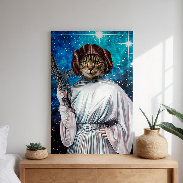 The Star Wars Princess Leia custom pet portrait features a cat dressed as Leia with a blaster against a starry backdrop. This colorful wall art, perfect for pet lovers, hangs above a dresser decorated with plants.