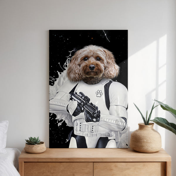 A framed Star Wars Stormtrooper dog head artwork hangs above a wooden dresser with potted plants—a unique, modern pet lover gift for bright spaces.