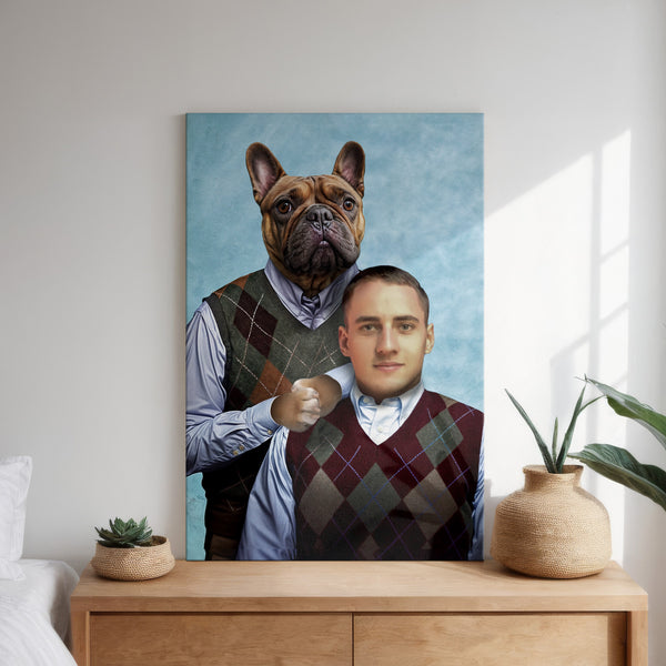 The Step Brothers custom pet portrait features a man and his dog in matching collared shirts and argyle sweater vests, with the dog’s paw on his shoulder. Soft natural light and plants enhance the cozy atmosphere of the scene.