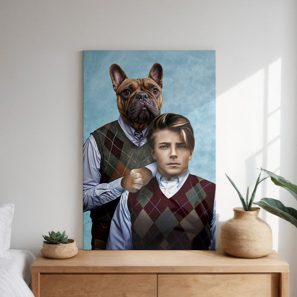 A framed portrait titled “Step Brothers” sits on a dresser, featuring a young man and his dog in matching argyle sweaters. This charming, softly lit artwork is the ideal gift for pet lovers, adding cozy decor to any space.