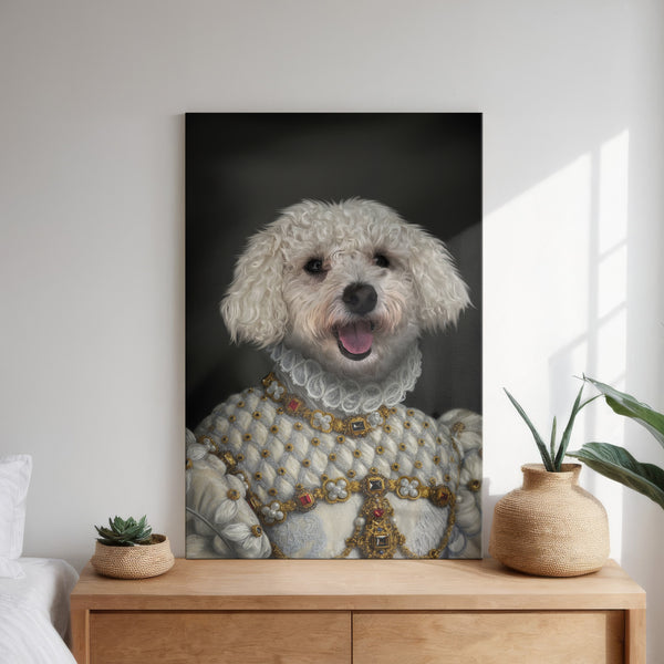 The Renaissance Duchess, a large framed custom pet portrait, features a white fluffy dog in ornate royal attire hanging above a wooden dresser. Ideal for pet lovers, it adds elegance to any room with its regal charm.