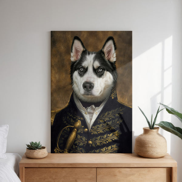 The General—a custom pet portrait featuring a husky in a historic military uniform—hangs above a wooden dresser with plants and baskets in a bright, minimal bedroom.