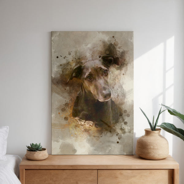 A Watercolor Pet Portrait of a black dog with expressive eyes hangs above a wooden dresser, which holds a succulent, woven basket, and vase, all illuminated by natural sunlight.