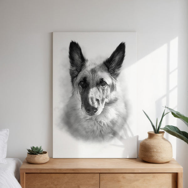 A wooden dresser with two potted plants sits below The Pencil Sketch Art—a striking black-and-white custom portrait of a German Shepherd—illuminated by sunlight from a nearby window.
