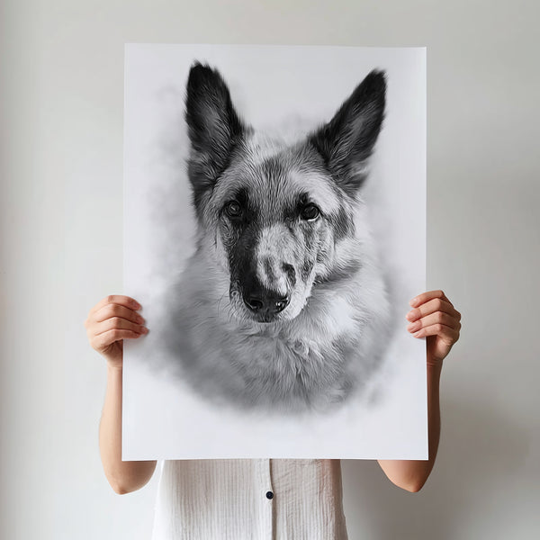 A person in a white shirt holds up The Pencil Sketch Art, a large, realistic black and white custom pet portrait canvas that completely covers their face and body.