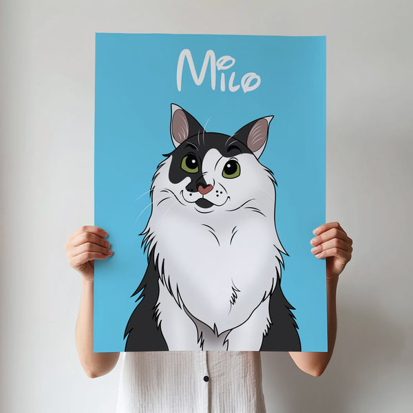 A person holds a blue Disney Pet Portrait poster showing a cartoon black and white cat with green eyes and Milo at the top. Their face is hidden by this charming custom artwork, ideal for any pet memorial wall art collection.