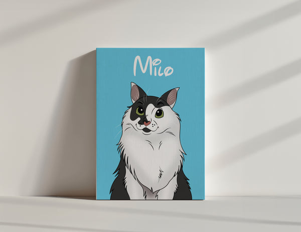 A Disney Pet Portrait canvas features a cartoon-style fluffy black and white cat on a blue background with Milo in white script above, creating a charming pet memorial wall art piece displayed against a wall.