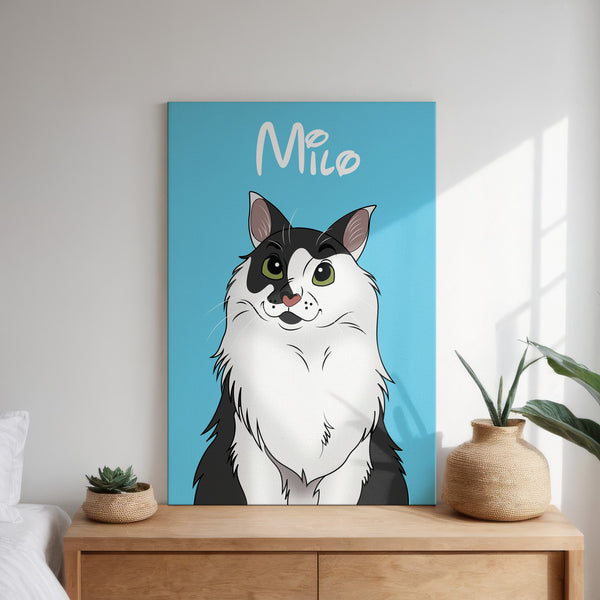 A framed Disney Pet Portrait of a black and white cat with green eyes, labeled Milo, rests on a wooden dresser beside two potted plants—a charming gift for pet lovers and a bright, minimalist room accent.