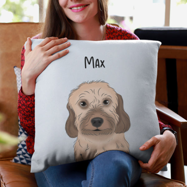 A smiling woman holds a Custom Cartoon Pet Cushion showing an illustrated brown dog with Max above it—an ideal gift for pet lovers.