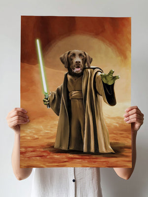A person holds the Star Wars Jedi Master canvas, showcasing a personalized dog dressed as a Jedi in a brown robe with a green lightsaber against a desert backdrop—an epic gift for pet lovers.