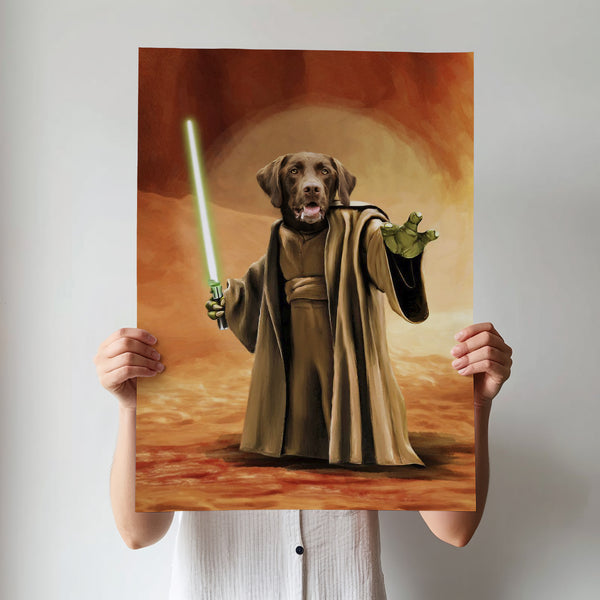 A person holds the Star Wars Jedi Master canvas, showcasing a personalized dog dressed as a Jedi in a brown robe with a green lightsaber against a desert backdrop—an epic gift for pet lovers.