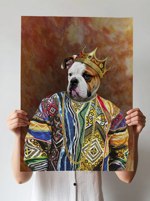 A person holds Notorious D.O.G., a vibrant custom pet portrait of a bulldog in a gold crown and patterned sweater, perfect as pet lover gift decor against a warm, abstract background.