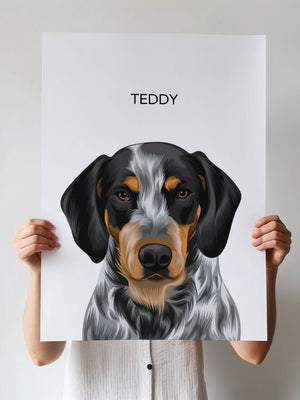 A person holds a Modern Vector Art poster with a detailed black, brown, and gray dog illustration and the name TEDDY above its head—a perfect pet memorial or pet lover gift. The background is plain and light-colored.