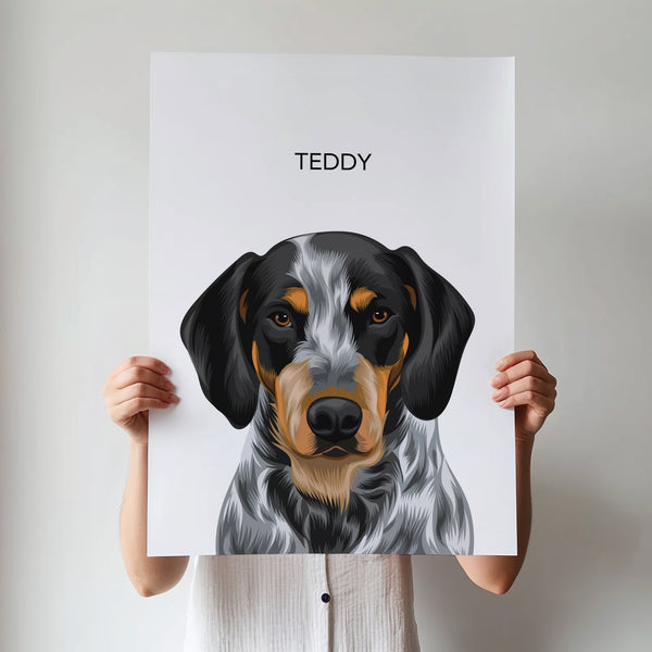 A person holds a Modern Vector Art poster with a detailed black, brown, and gray dog illustration and the name TEDDY above its head—a perfect pet memorial or pet lover gift. The background is plain and light-colored.