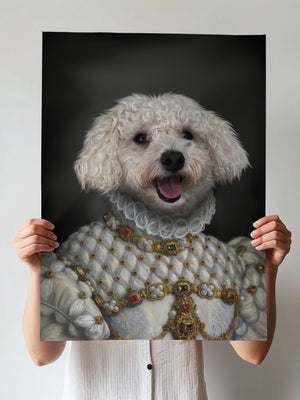 A person holds up The Renaissance Duchess canvas, showcasing a white fluffy dog in royal pearls and gold jewelry—a unique pet lover gift—against a plain background.