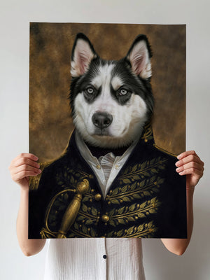 A person holds The General—a custom pet portrait featuring a husky in an ornate, vintage military uniform with gold embroidery on a brown background. The personalized dog canvas hides the persons face.