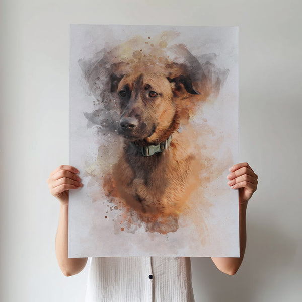 A person in a white shirt holds up a Watercolor Pet Portrait—a custom artwork of a brown dog with dark eyes and a green collar, perfect as unique pet decor or memorial wall art on a light background.