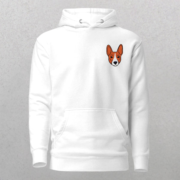 The Embroidered Custom Pet Hoodie is a white hoodie with a small, illustrated corgi face embroidered on the left chest, set against a plain light gray background.