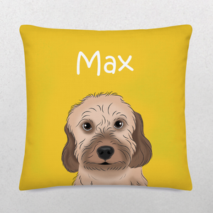 The Custom Cartoon Pet Cushion is yellow with an illustrated brown dog with floppy ears and “Max” in white above its head. Its plain, light background makes it a cozy keepsake for any dog lover.