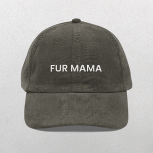 The Chord Vintage Cap - Furr Mama is a grey corduroy hat with FUR MAMA embroidered in white on the front, shown against a light gray background.