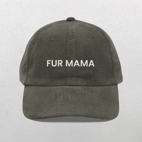 The Chord Vintage Cap - Furr Mama is a grey corduroy hat with FUR MAMA embroidered in white on the front, shown against a light gray background.