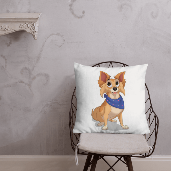 The Custom Disney Pet Cushion features a cartoon dog with a blue polka-dot bandana, set on a wire chair against a light gray, patterned wall—ideal as a personalized pet pillow for your home.